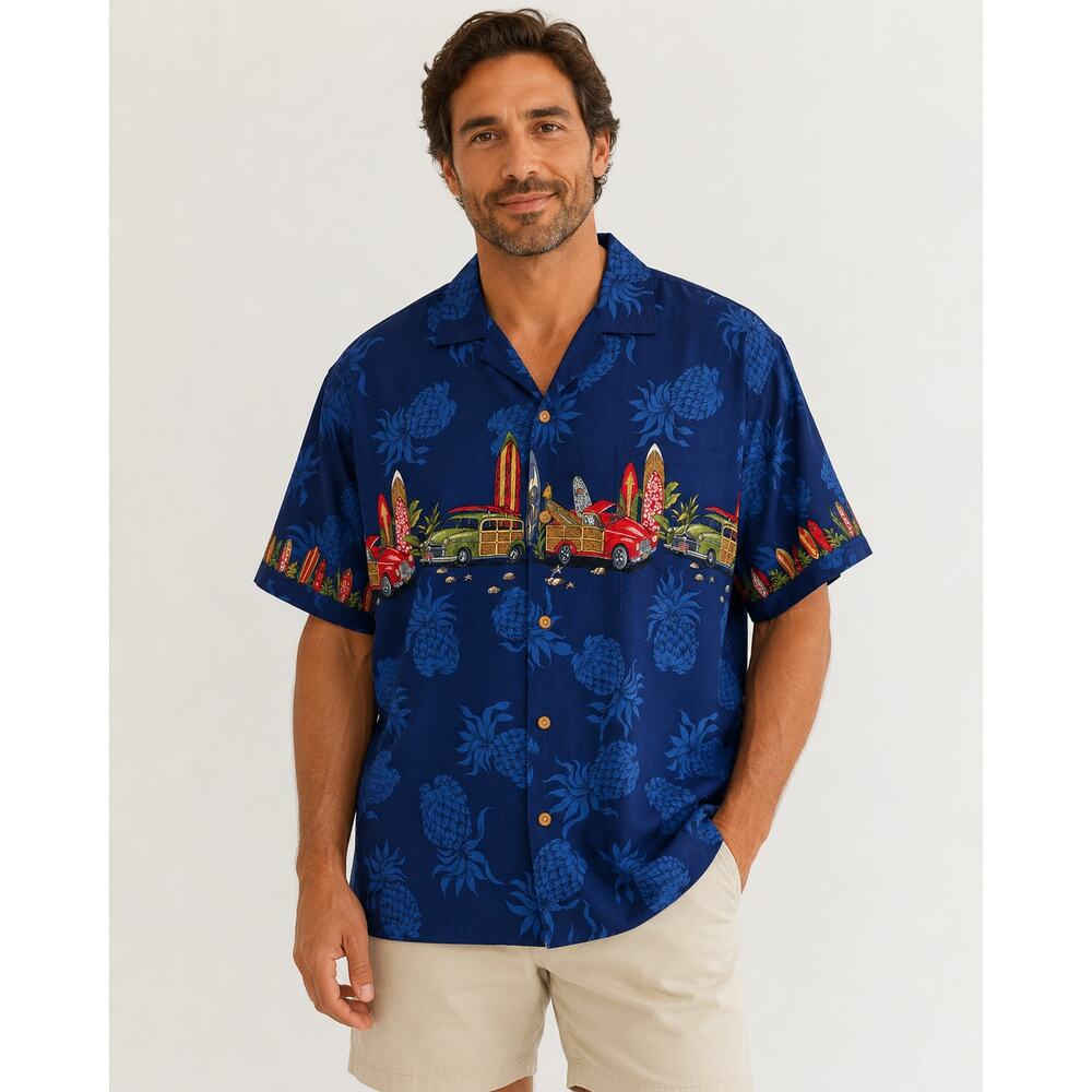 Diamond Head Hawaiian Shirt XL Navy Surfboard Cars Pineapple Aloha Shirt Hawaii